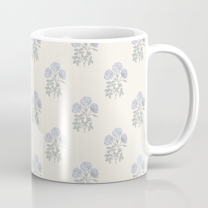 Vintage Sketched Floral Block Print - Blue Beige Coffee Mug Gallery Image 1