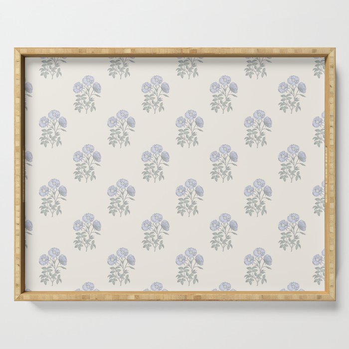 Vintage Sketched Floral Block Print - Blue Beige Serving Tray Gallery Image 1