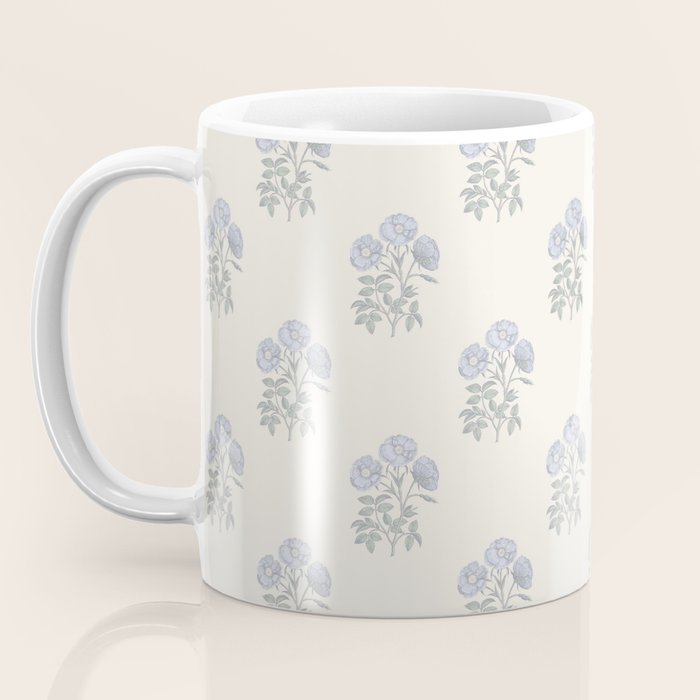 Vintage Sketched Floral Block Print - Blue Beige Coffee Mug Gallery Image 3
