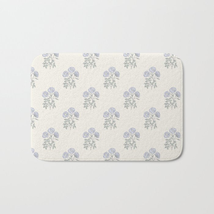 Vintage Sketched Floral Block Print - Blue Beige Bath Mat Gallery Image 1