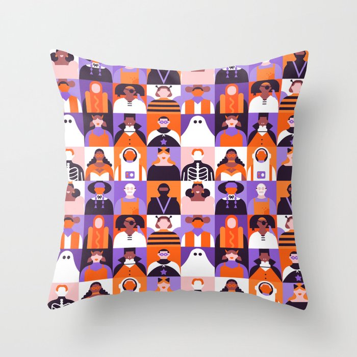 Diverse people in halloween costume pattern Throw Pillow Gallery Image 6