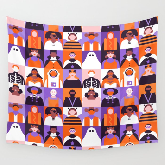 Diverse people in halloween costume pattern Wall Tapestry Gallery Image 4