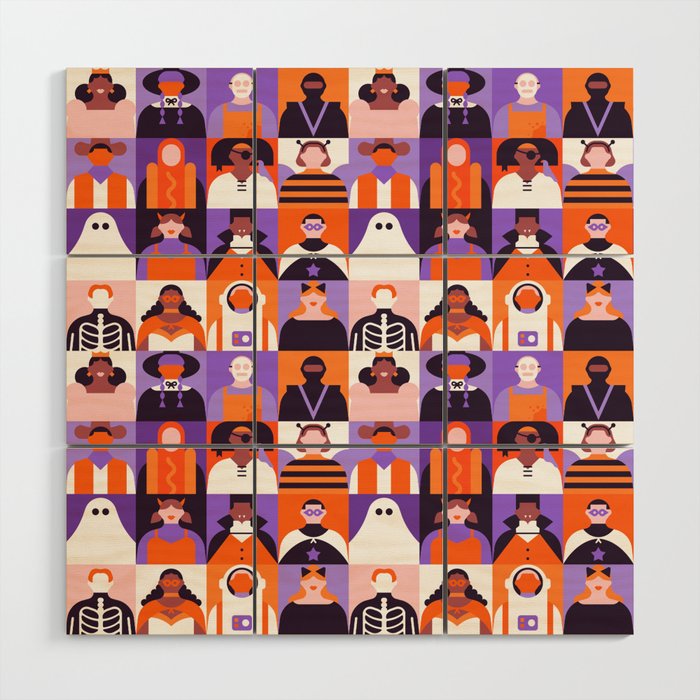 Diverse people in halloween costume pattern Wood Wall Art Gallery Image 1