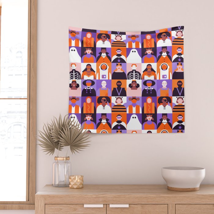 Diverse people in halloween costume pattern Wall Tapestry Gallery Image 2