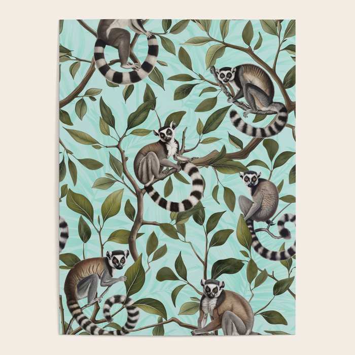 Lush Tropical Lemur Monkey Paradise Turquoise Poster Gallery Image 1