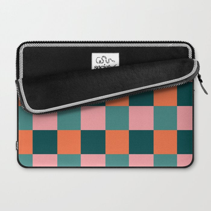 Retro Teal Green and Orange Checkerboard Laptop Sleeve Gallery Image 2