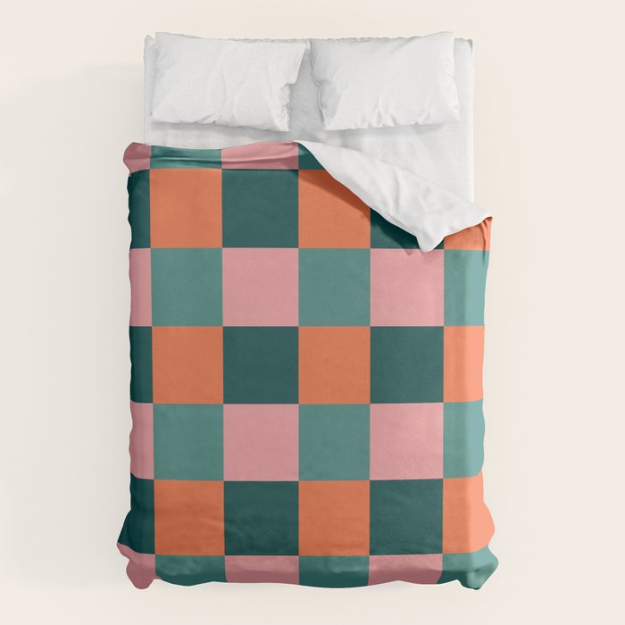 Retro Teal Green and Orange Checkerboard Duvet Cover Gallery Image 6
