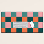 Retro Teal Green and Orange Checkerboard Desk Mat Gallery Image 1