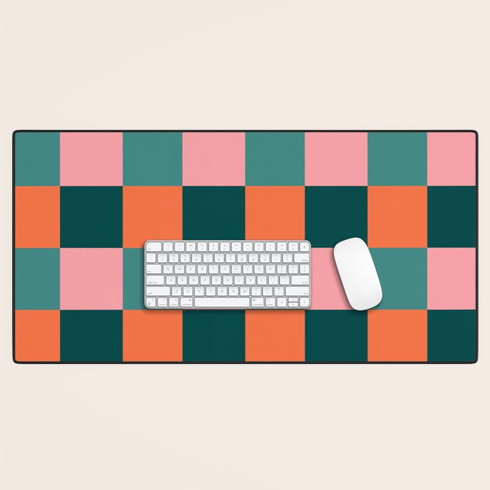 Retro Teal Green and Orange Checkerboard Desk Mat Gallery Image 1
