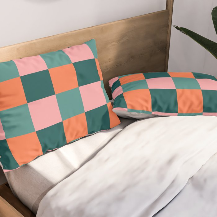Retro Teal Green and Orange Checkerboard Pillow Sham Gallery Image 2