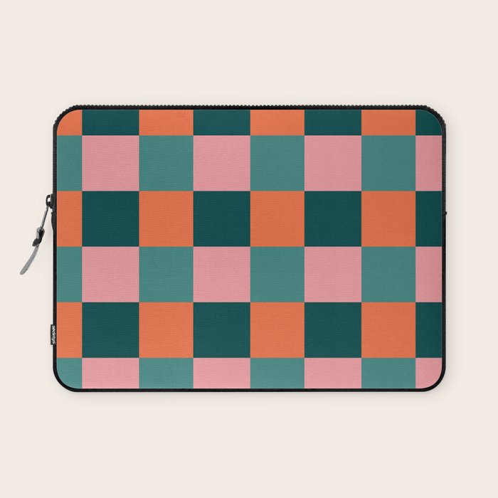 Retro Teal Green and Orange Checkerboard Laptop Sleeve Gallery Image 1