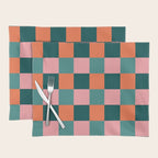 Retro Teal Green and Orange Checkerboard Placemat Gallery Image 1
