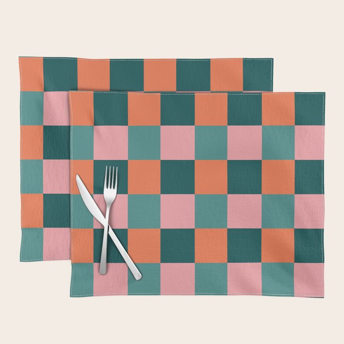 Retro Teal Green and Orange Checkerboard Placemat Gallery Image 1