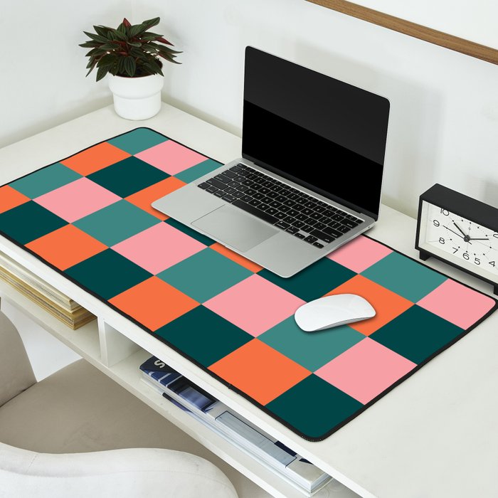 Retro Teal Green and Orange Checkerboard Desk Mat Gallery Image 2