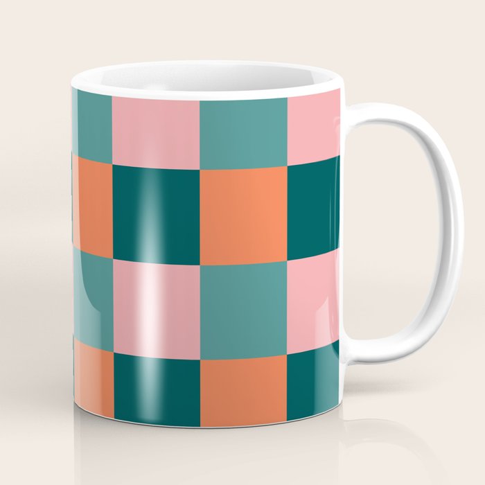 Retro Teal Green and Orange Checkerboard Coffee Mug Gallery Image 1