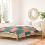 Retro Teal Green and Orange Checkerboard Duvet Cover Gallery Image 2
