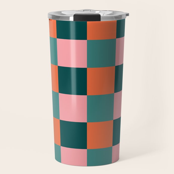 Retro Teal Green and Orange Checkerboard Travel Mug Gallery Image 1