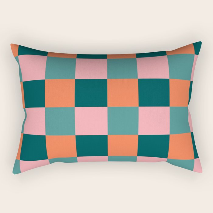 Retro Teal Green and Orange Checkerboard Rectangular Pillow Gallery Image 1