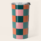 Retro Teal Green and Orange Checkerboard Travel Mug Gallery Image 2