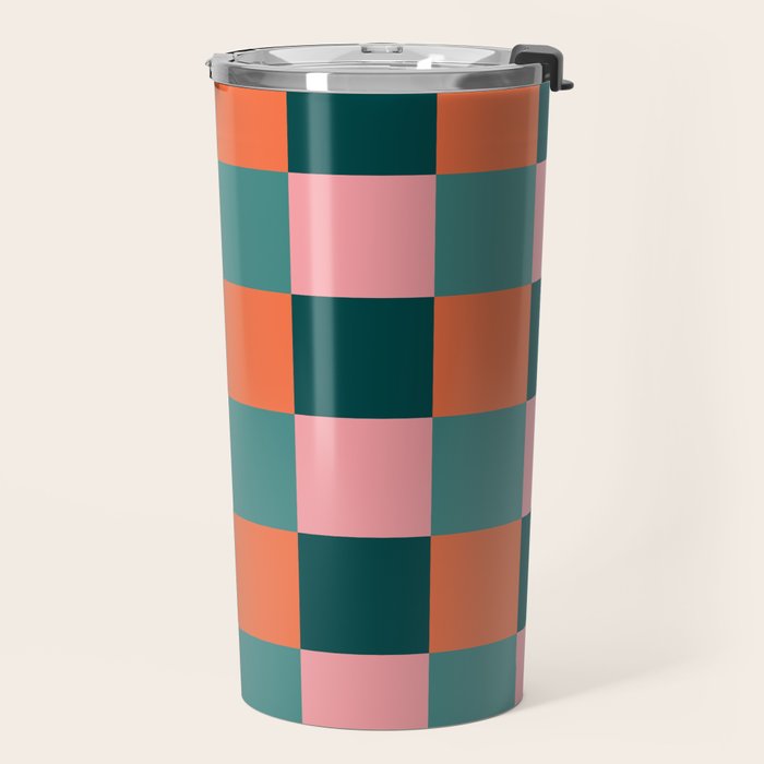 Retro Teal Green and Orange Checkerboard Travel Mug Gallery Image 2