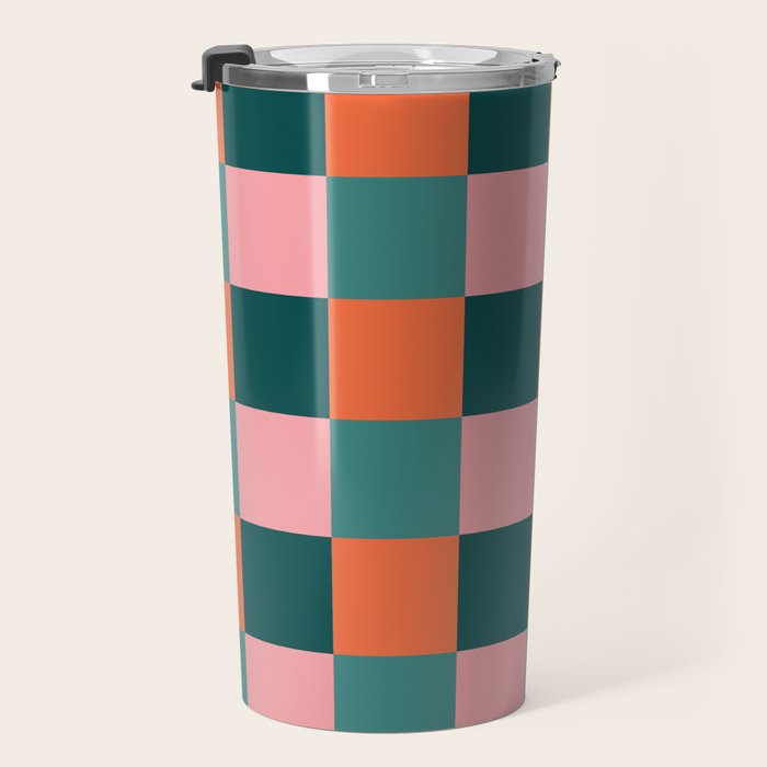 Retro Teal Green and Orange Checkerboard Travel Mug Gallery Image 3
