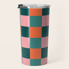 Retro Teal Green and Orange Checkerboard Travel Mug Gallery Image 3