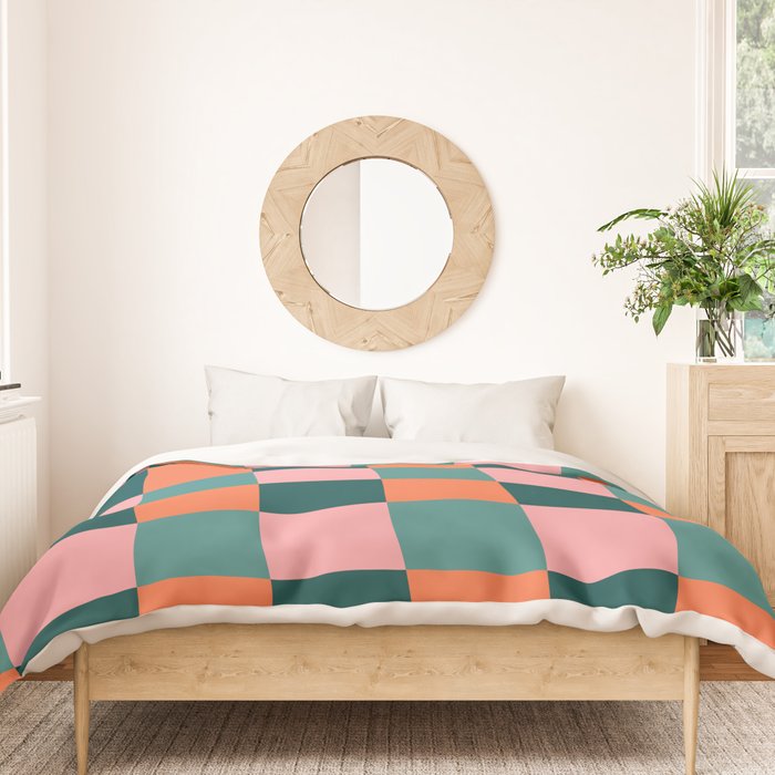 Retro Teal Green and Orange Checkerboard Duvet Cover Gallery Image 3