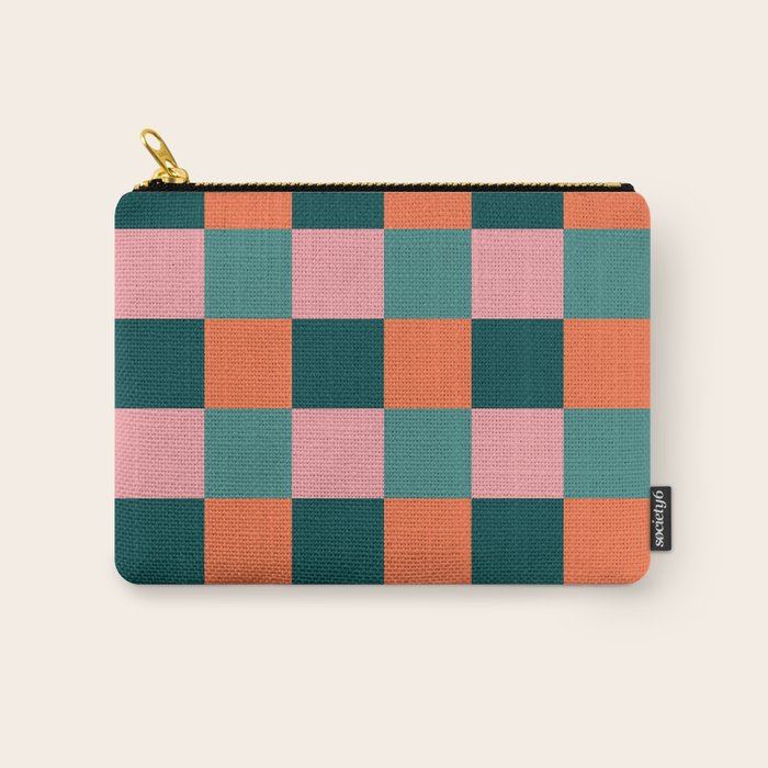 Retro Teal Green and Orange Checkerboard Carry All Pouch Gallery Image 1