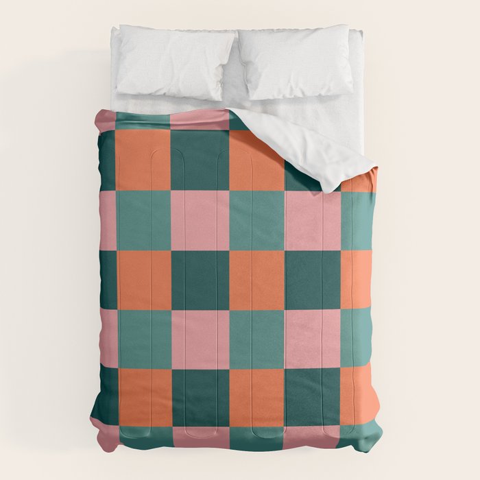Retro Teal Green and Orange Checkerboard Comforter Gallery Image 1