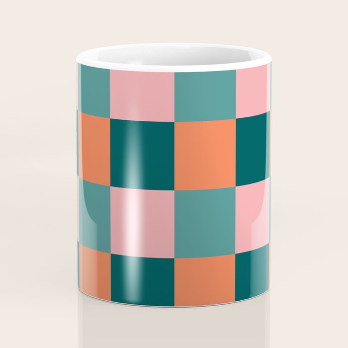 Retro Teal Green and Orange Checkerboard Coffee Mug Gallery Image 4