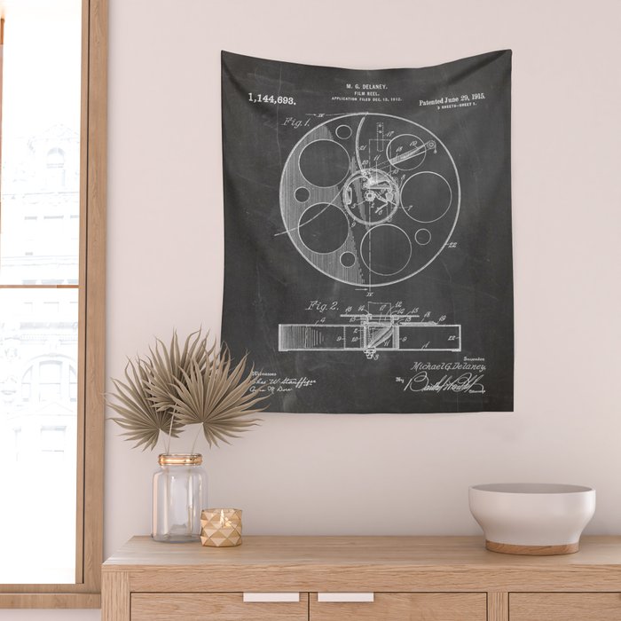 Film Reel Patent - Classic Cinema Art - Black Chalkboard Wall Tapestry Gallery Image 2