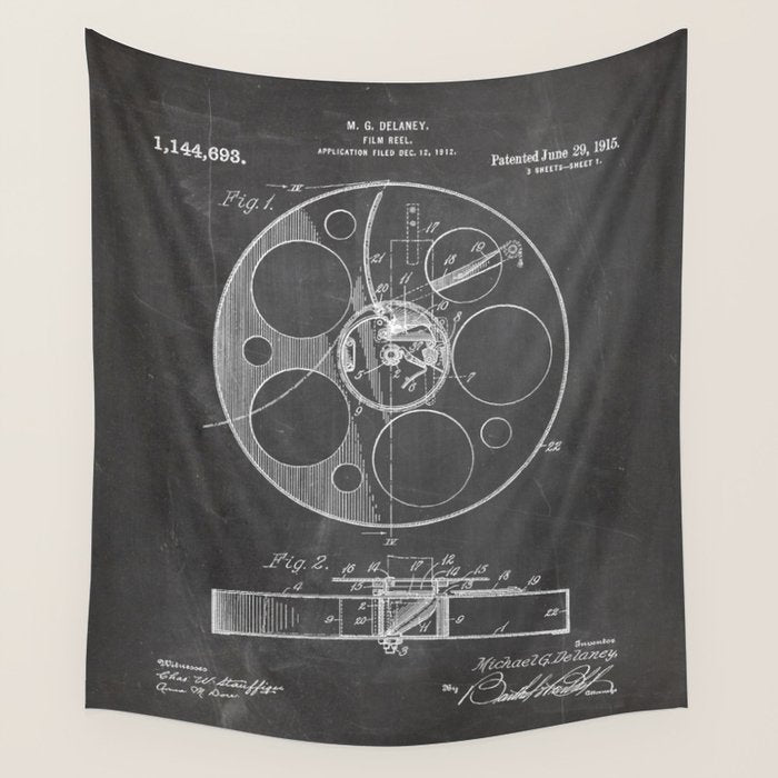 Film Reel Patent - Classic Cinema Art - Black Chalkboard Wall Tapestry Gallery Image 1