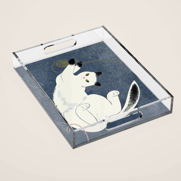  white cat on a blue background Acrylic Tray Gallery Image 1