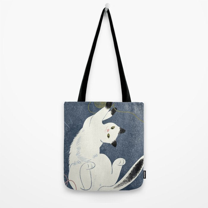  white cat on a blue background Tote Bag Gallery Image 2