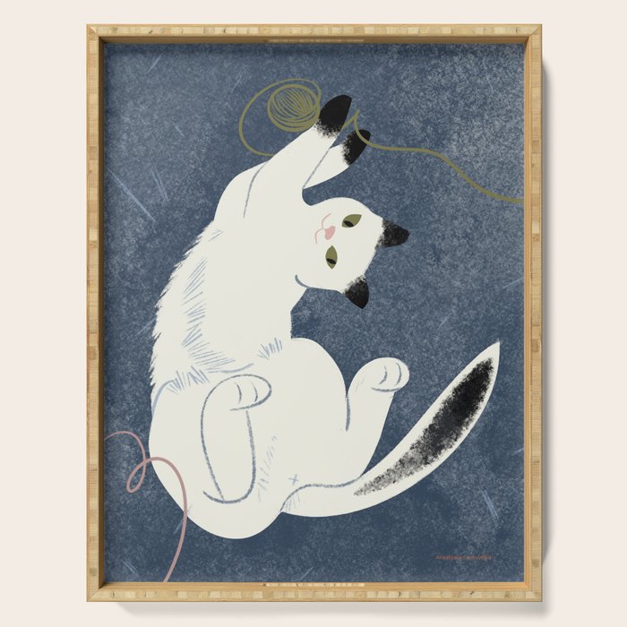  white cat on a blue background Serving Tray Gallery Image 1