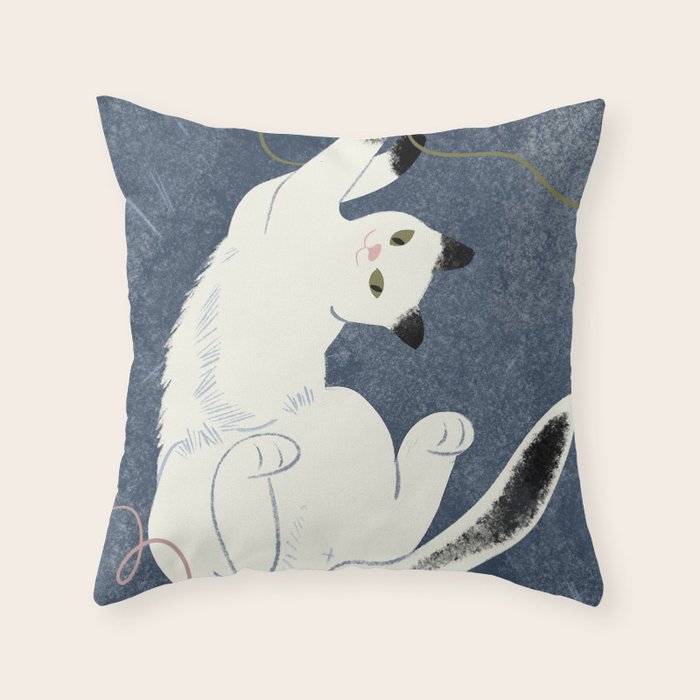  white cat on a blue background Throw Pillow Gallery Image 1