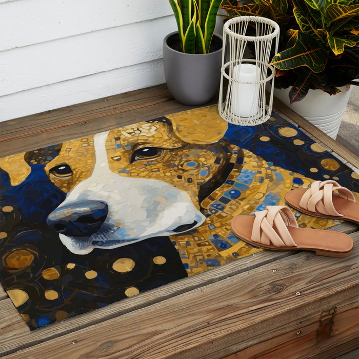 Gustav Klimt Style Brown Dog with Striped Coat Outdoor Rug Gallery Image 2
