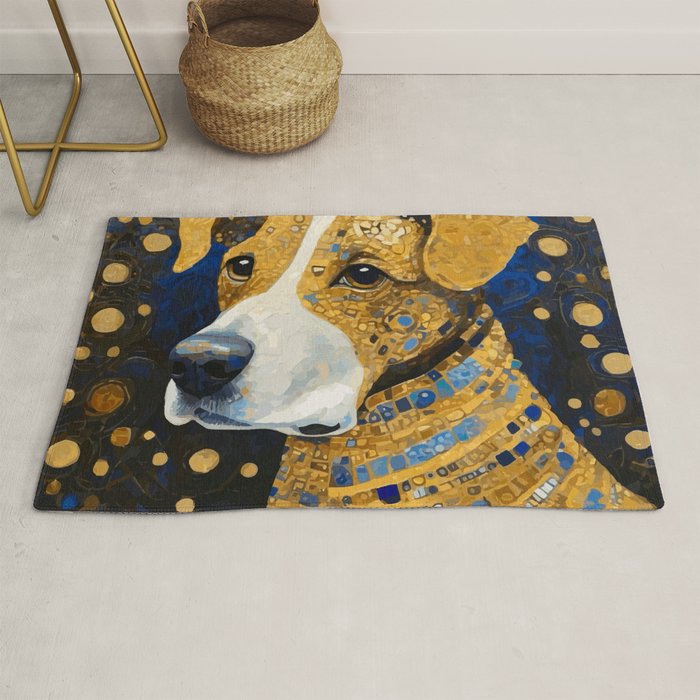 Gustav Klimt Style Brown Dog with Striped Coat Rug Gallery Image 1