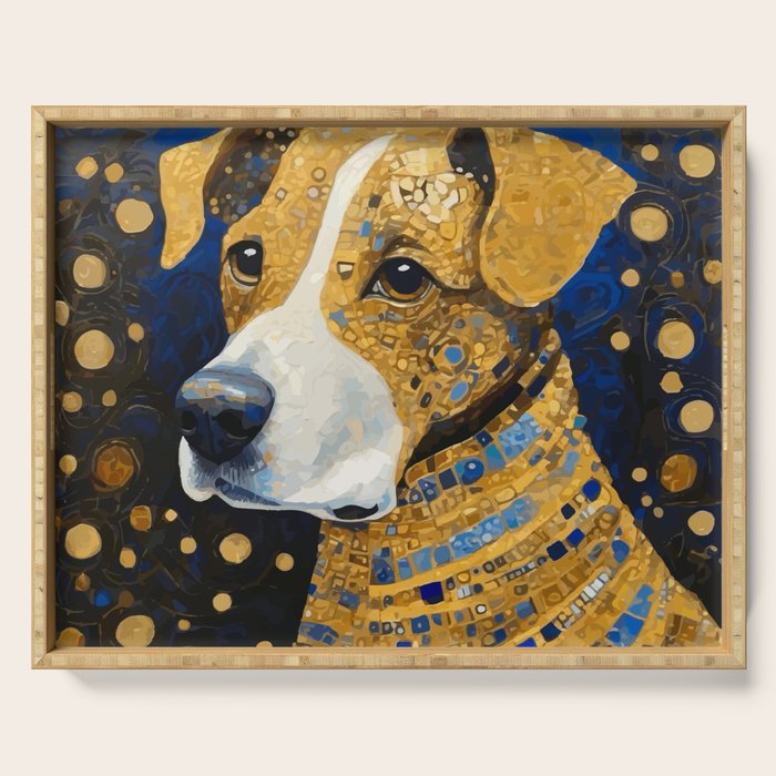 Gustav Klimt Style Brown Dog with Striped Coat Serving Tray Gallery Image 1