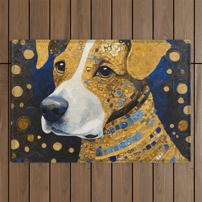 Gustav Klimt Style Brown Dog with Striped Coat Outdoor Rug Gallery Image 1