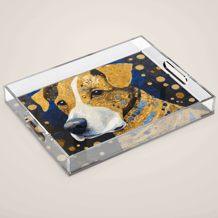 Gustav Klimt Style Brown Dog with Striped Coat Acrylic Tray Gallery Image 1