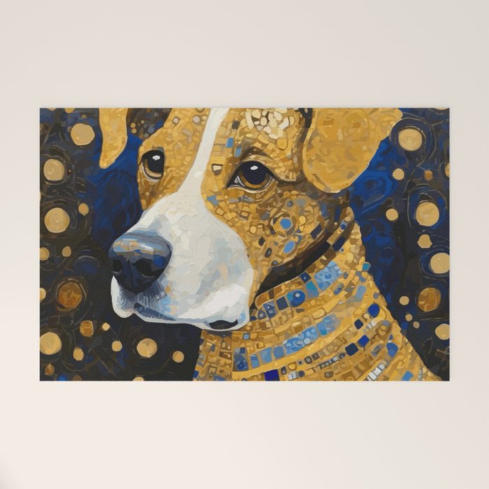 Gustav Klimt Style Brown Dog with Striped Coat Welcome Mat Gallery Image 1