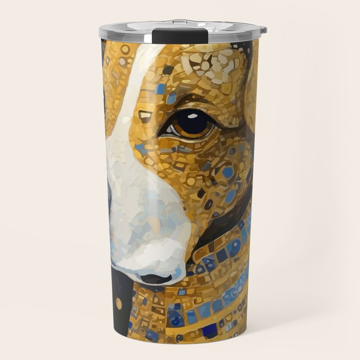 Gustav Klimt Style Brown Dog with Striped Coat Travel Mug Gallery Image 1
