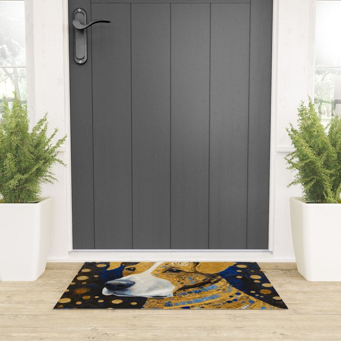 Gustav Klimt Style Brown Dog with Striped Coat Welcome Mat Gallery Image 3