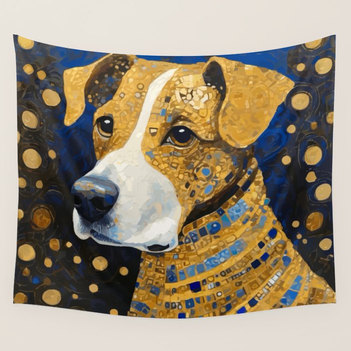 Gustav Klimt Style Brown Dog with Striped Coat Wall Tapestry Gallery Image 1