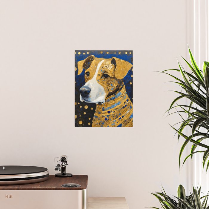 Gustav Klimt Style Brown Dog with Striped Coat Poster Gallery Image 2