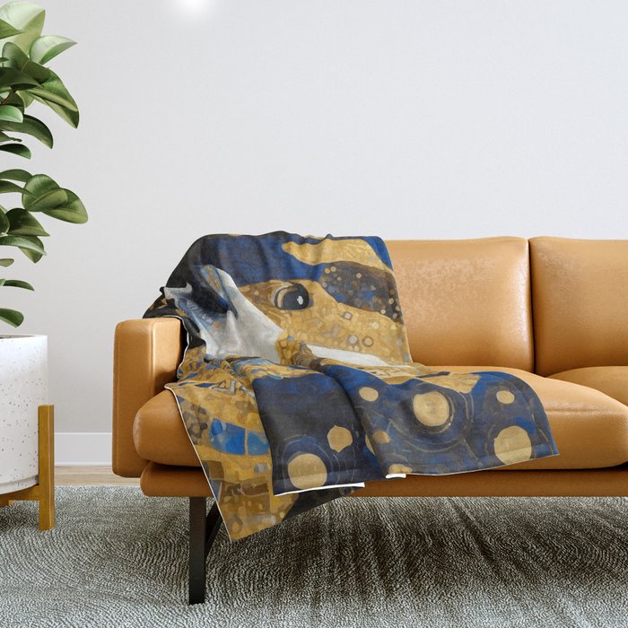Gustav Klimt Style Brown Dog with Striped Coat Throw Blanket Gallery Image 1