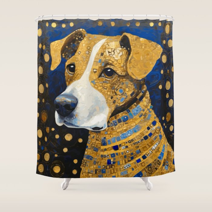 Gustav Klimt Style Brown Dog with Striped Coat Shower Curtain Gallery Image 1