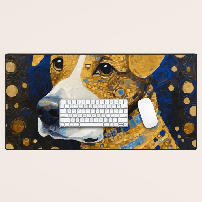 Gustav Klimt Style Brown Dog with Striped Coat Desk Mat Gallery Image 1