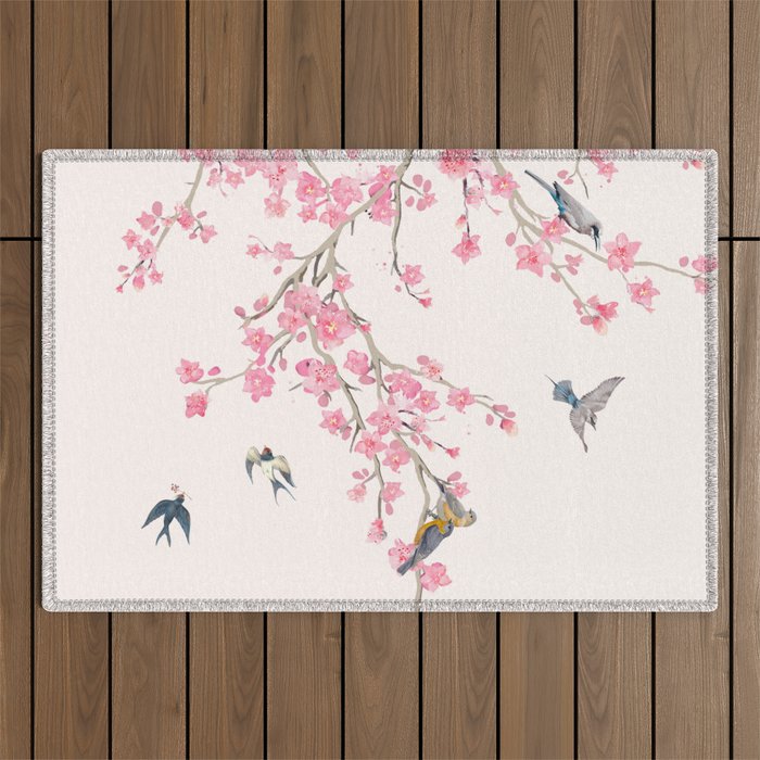 Birds and cherry blossoms Outdoor Rug Gallery Image 1